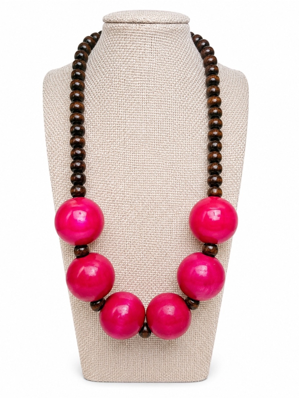 Boho Bold Pink Chunky Wooden Beaded Statement Necklace